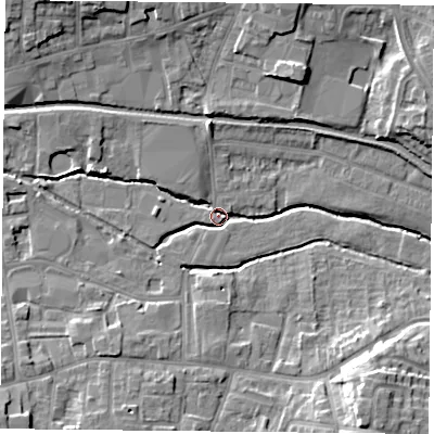 Shaded relief map of the ground around S802BU, computed from Environment Agency LiDAR. The ground here sits at about 31 m above sea level and falls 15 m across the surrounding 800 m. Surface water reaching this point runs off ground lying to the south-west, 6.4 m higher.