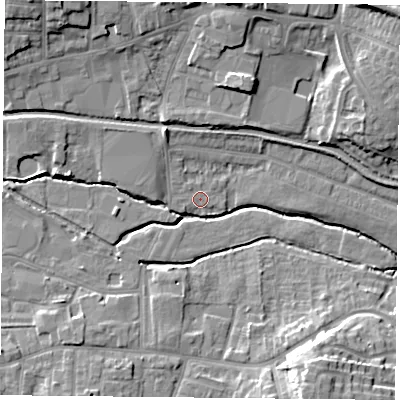 Shaded relief map of the ground around S802BX, computed from Environment Agency LiDAR. The ground here sits at about 31 m above sea level and falls 15 m across the surrounding 800 m. Surface water reaching this point runs off ground lying to the north-west, 0.5 m higher.