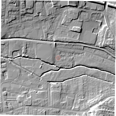 Shaded relief map of the ground around S802BY, computed from Environment Agency LiDAR. The ground here sits at about 31 m above sea level and falls 15 m across the surrounding 800 m. Surface water reaching this point runs off ground lying to the north-north-west, 3.0 m higher.