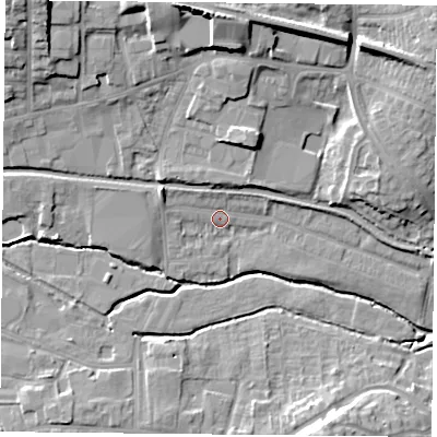 Shaded relief map of the ground around S802DA, computed from Environment Agency LiDAR. The ground here sits at about 31 m above sea level and falls 17 m across the surrounding 800 m. Surface water reaching this point runs off ground lying to the west, 2.0 m higher.