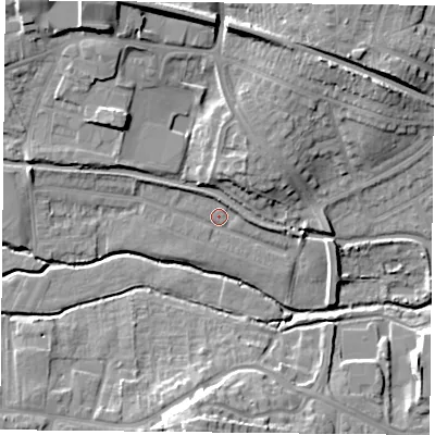Shaded relief map of the ground around S802DB, computed from Environment Agency LiDAR. The ground here sits at about 31 m above sea level and falls 16 m across the surrounding 800 m. Surface water reaching this point runs off ground lying to the north-west, 2.2 m higher.