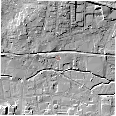 Shaded relief map of the ground around S802ER, computed from Environment Agency LiDAR. The ground here sits at about 33 m above sea level and falls 16 m across the surrounding 800 m. Surface water reaching this point runs off ground lying to the north-east, 1.3 m higher.