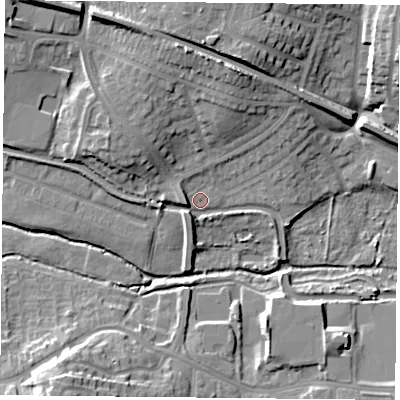 Shaded relief map of the ground around S802FJ, computed from Environment Agency LiDAR. The ground here sits at about 31 m above sea level and falls 16 m across the surrounding 800 m. Surface water reaching this point runs off ground lying to the north-north-east, 11.4 m higher.