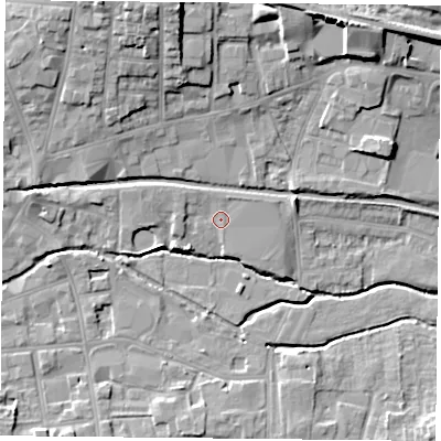 Shaded relief map of the ground around S802FP, computed from Environment Agency LiDAR. The ground here sits at about 32 m above sea level and falls 17 m across the surrounding 800 m. Surface water reaching this point runs off ground lying to the north-east, 0.8 m higher.