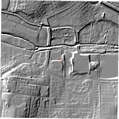 Shaded relief map of the ground around S802FR, computed from Environment Agency LiDAR. The ground here sits at about 30 m above sea level and falls 17 m across the surrounding 800 m. Surface water reaching this point runs off ground lying to the south-south-east, 2.4 m higher.