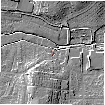 Shaded relief map of the ground around S802JG, computed from Environment Agency LiDAR. The ground here sits at about 31 m above sea level and falls 16 m across the surrounding 800 m. Surface water reaching this point runs off ground lying to the south-south-east, 3.5 m higher.