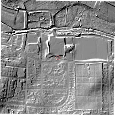 Shaded relief map of the ground around S802PU, computed from Environment Agency LiDAR. The ground here sits at about 32 m above sea level and falls 17 m across the surrounding 800 m. Surface water reaching this point runs off ground lying to the north-east, 3.6 m higher.