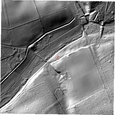 Shaded relief map of the ground around S803BT, computed from Environment Agency LiDAR. The ground here sits at about 37 m above sea level and falls 20 m across the surrounding 800 m. Surface water reaching this point runs off ground lying to the south-east, 9.3 m higher.