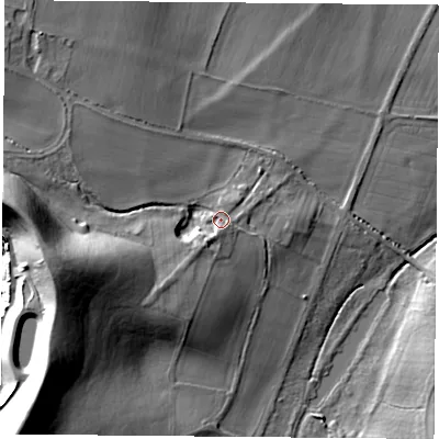 Shaded relief map of the ground around S803FT, computed from Environment Agency LiDAR. The ground here sits at about 61 m above sea level and falls 31 m across the surrounding 800 m. Surface water reaching this point runs off ground lying to the south-south-west, 2.5 m higher.