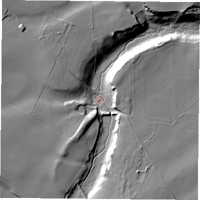 Shaded relief map of the ground around S803JH, computed from Environment Agency LiDAR. The ground here sits at about 75 m above sea level and falls 26 m across the surrounding 800 m. Surface water reaching this point runs off ground lying to the west-south-west, 18.9 m higher.