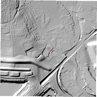 Shaded relief map of the ground around S803LH, computed from Environment Agency LiDAR. The ground here sits at about 94 m above sea level and falls 54 m across the surrounding 800 m. Surface water reaching this point runs off ground lying to the west, 6.0 m higher.