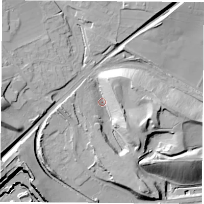 Shaded relief map of the ground around S803LS, computed from Environment Agency LiDAR. The ground here sits at about 80 m above sea level and falls 37 m across the surrounding 800 m. Surface water reaching this point runs off ground lying to the east-south-east, 22.6 m higher.