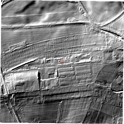 Shaded relief map of the ground around S803LW, computed from Environment Agency LiDAR. The ground here sits at about 59 m above sea level and falls 14 m across the surrounding 800 m. Surface water reaching this point runs off ground lying to the south-south-west, 2.1 m higher.