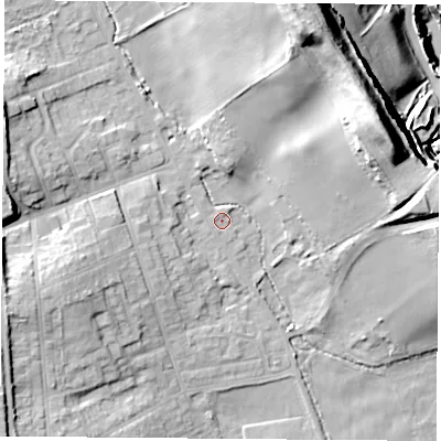 Shaded relief map of the ground around S804AA, computed from Environment Agency LiDAR. The ground here sits at about 73 m above sea level and falls 44 m across the surrounding 800 m. Surface water reaching this point runs off ground lying to the north-north-east, 23.6 m higher.