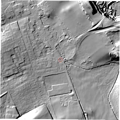 Shaded relief map of the ground around S804AF, computed from Environment Agency LiDAR. The ground here sits at about 72 m above sea level and falls 44 m across the surrounding 800 m. Surface water reaching this point runs off ground lying to the west-north-west, 11.5 m higher.