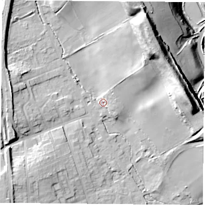 Shaded relief map of the ground around S804BD, computed from Environment Agency LiDAR. The ground here sits at about 75 m above sea level and falls 40 m across the surrounding 800 m. Surface water reaching this point runs off ground lying to the north-east, 13.2 m higher.