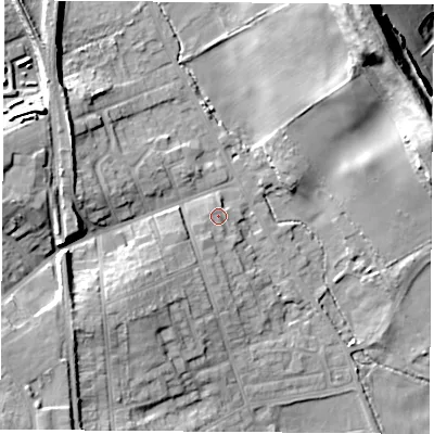 Shaded relief map of the ground around S804BY, computed from Environment Agency LiDAR. The ground here sits at about 76 m above sea level and falls 28 m across the surrounding 800 m. Surface water reaching this point runs off ground lying to the south-west, 7.9 m higher.