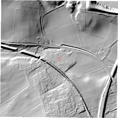 Shaded relief map of the ground around S804DA, computed from Environment Agency LiDAR. The ground here sits at about 85 m above sea level and falls 39 m across the surrounding 800 m. Surface water reaching this point runs off ground lying to the west, 6.7 m higher.