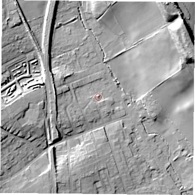 Shaded relief map of the ground around S804EX, computed from Environment Agency LiDAR. The ground here sits at about 76 m above sea level and falls 26 m across the surrounding 800 m. Surface water reaching this point runs off ground lying to the west-south-west, 9.7 m higher.