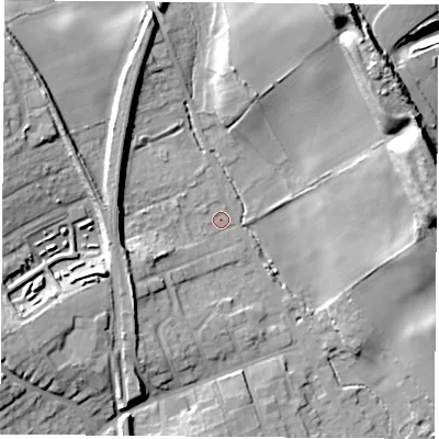 Shaded relief map of the ground around S804FG, computed from Environment Agency LiDAR. The ground here sits at about 76 m above sea level and falls 29 m across the surrounding 800 m. Surface water reaching this point runs off ground lying to the north-north-east, 24.4 m higher.