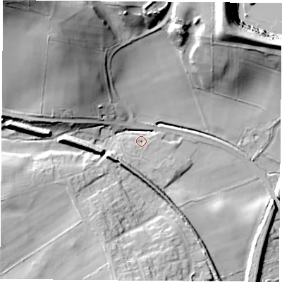 Shaded relief map of the ground around S804FL, computed from Environment Agency LiDAR. The ground here sits at about 85 m above sea level and falls 46 m across the surrounding 800 m. Surface water reaching this point runs off ground lying to the south-west, 1.7 m higher.