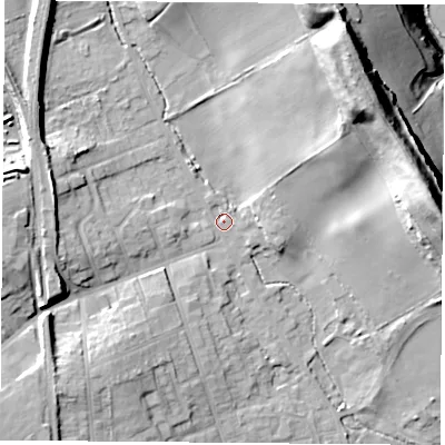 Shaded relief map of the ground around S804HF, computed from Environment Agency LiDAR. The ground here sits at about 74 m above sea level and falls 35 m across the surrounding 800 m. Surface water reaching this point runs off ground lying to the west-north-west, 13.3 m higher.