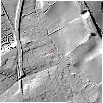 Shaded relief map of the ground around S804HG, computed from Environment Agency LiDAR. The ground here sits at about 75 m above sea level and falls 27 m across the surrounding 800 m. Surface water reaching this point runs off ground lying to the north-north-west, 11.1 m higher.
