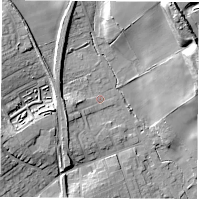 Shaded relief map of the ground around S804HJ, computed from Environment Agency LiDAR. The ground here sits at about 76 m above sea level and falls 28 m across the surrounding 800 m. Surface water reaching this point runs off ground lying to the west-south-west, 9.3 m higher.