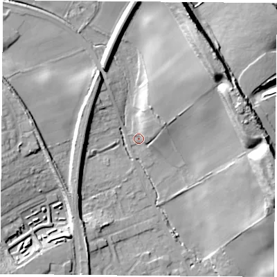 Shaded relief map of the ground around S804HN, computed from Environment Agency LiDAR. The ground here sits at about 79 m above sea level and falls 28 m across the surrounding 800 m. Surface water reaching this point runs off ground lying to the north-east, 8.4 m higher.