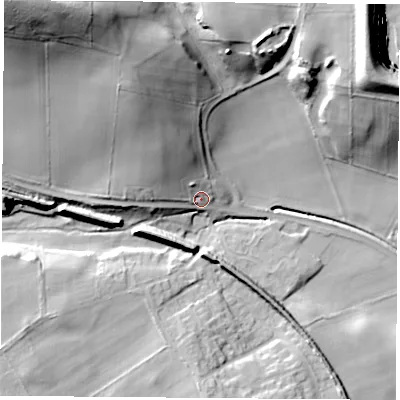 Shaded relief map of the ground around S804HP, computed from Environment Agency LiDAR. The ground here sits at about 89 m above sea level and falls 52 m across the surrounding 800 m. Surface water reaching this point runs off ground lying to the north-west, 45.5 m higher.