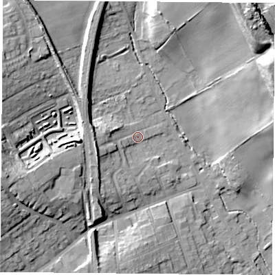 Shaded relief map of the ground around S804HQ, computed from Environment Agency LiDAR. The ground here sits at about 76 m above sea level and falls 28 m across the surrounding 800 m. Surface water reaching this point runs off ground lying to the west-south-west, 9.1 m higher.