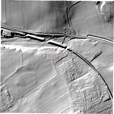 Shaded relief map of the ground around S804HS, computed from Environment Agency LiDAR. The ground here sits at about 91 m above sea level and falls 31 m across the surrounding 800 m. Surface water reaching this point runs off ground lying to the west, 2.4 m higher.