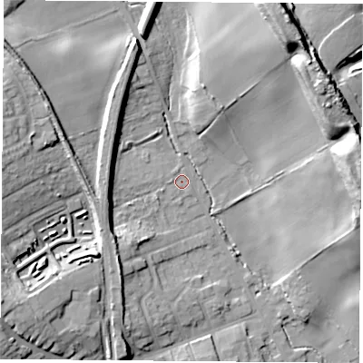 Shaded relief map of the ground around S804HW, computed from Environment Agency LiDAR. The ground here sits at about 77 m above sea level and falls 29 m across the surrounding 800 m. Surface water reaching this point runs off ground lying to the north-north-east, 16.8 m higher.