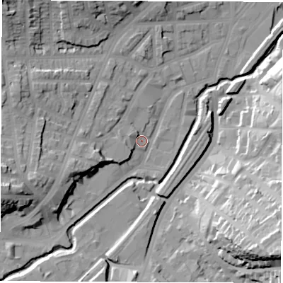 Shaded relief map of the ground around S80AS, computed from Environment Agency LiDAR. The ground here sits at about 71 m above sea level and falls 42 m across the surrounding 800 m. Surface water reaching this point runs off ground lying to the west-north-west, 4.4 m higher.