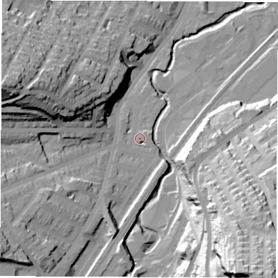 Shaded relief map of the ground around S80AW, computed from Environment Agency LiDAR. The ground here sits at about 79 m above sea level and falls 79 m across the surrounding 800 m. Surface water reaching this point runs off ground lying to the west-south-west, 2.3 m higher.