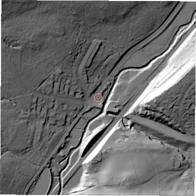 Shaded relief map of the ground around S80BF, computed from Environment Agency LiDAR. The ground here sits at about 109 m above sea level and falls 54 m across the surrounding 800 m. Surface water reaching this point runs off ground lying to the north-west, 44.7 m higher.