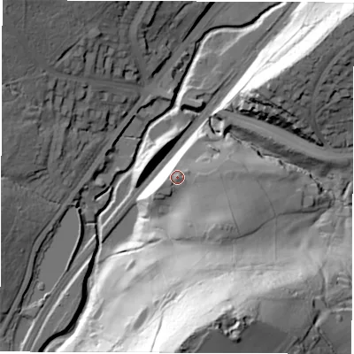 Shaded relief map of the ground around S80DB, computed from Environment Agency LiDAR. The ground here sits at about 129 m above sea level and falls 86 m across the surrounding 800 m. Surface water reaching this point runs off ground lying to the west-south-west, 8.7 m higher.