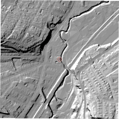 Shaded relief map of the ground around S80DD, computed from Environment Agency LiDAR. The ground here sits at about 79 m above sea level and falls 79 m across the surrounding 800 m. Surface water reaching this point runs off ground lying to the south-south-east, 71.1 m higher.