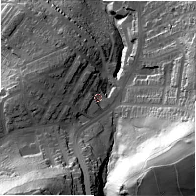 Shaded relief map of the ground around S80GT, computed from Environment Agency LiDAR. The ground here sits at about 132 m above sea level and falls 92 m across the surrounding 800 m. Surface water reaching this point runs off ground lying to the west-north-west, 14.7 m higher.