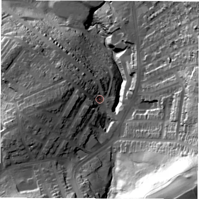Shaded relief map of the ground around S80GU, computed from Environment Agency LiDAR. The ground here sits at about 131 m above sea level and falls 101 m across the surrounding 800 m. Surface water reaching this point runs off ground lying to the south-east, 77.5 m higher.
