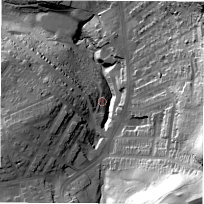 Shaded relief map of the ground around S80JB, computed from Environment Agency LiDAR. The ground here sits at about 125 m above sea level and falls 102 m across the surrounding 800 m. Surface water reaching this point runs off ground lying to the west, 14.8 m higher.