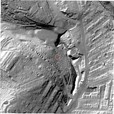 Shaded relief map of the ground around S80JD, computed from Environment Agency LiDAR. The ground here sits at about 121 m above sea level and falls 85 m across the surrounding 800 m. Surface water reaching this point runs off ground lying to the south-west, 21.3 m higher.