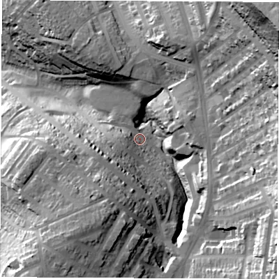 Shaded relief map of the ground around S80JG, computed from Environment Agency LiDAR. The ground here sits at about 116 m above sea level and falls 85 m across the surrounding 800 m. Surface water reaching this point runs off ground lying to the south-east, 47.1 m higher.