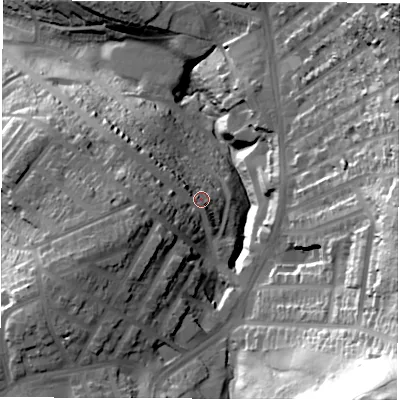 Shaded relief map of the ground around S80JL, computed from Environment Agency LiDAR. The ground here sits at about 130 m above sea level and falls 100 m across the surrounding 800 m. Surface water reaching this point runs off ground lying to the west, 13.6 m higher.