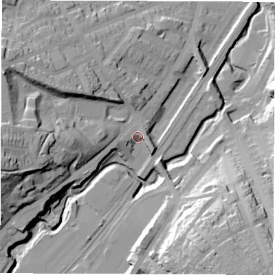 Shaded relief map of the ground around S80JR, computed from Environment Agency LiDAR. The ground here sits at about 89 m above sea level and falls 50 m across the surrounding 800 m. Surface water reaching this point runs off ground lying to the south-south-east, 43.4 m higher.