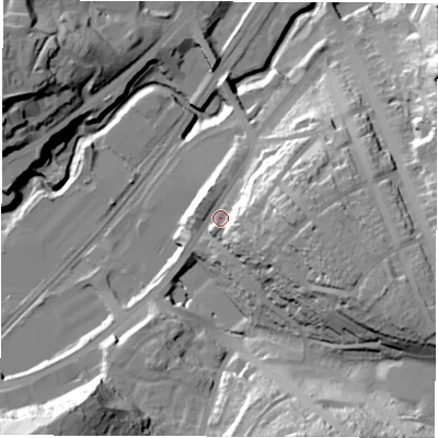 Shaded relief map of the ground around S80JX, computed from Environment Agency LiDAR. The ground here sits at about 102 m above sea level and falls 51 m across the surrounding 800 m. Surface water reaching this point runs off ground lying to the east, 22.9 m higher.