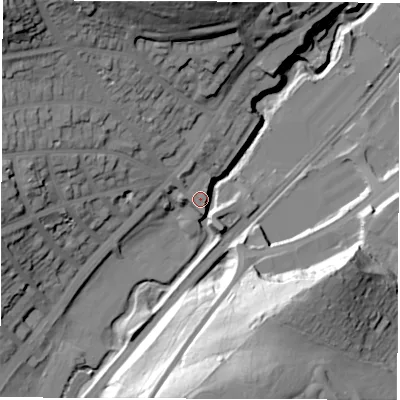 Shaded relief map of the ground around S80LA, computed from Environment Agency LiDAR. The ground here sits at about 98 m above sea level and falls 56 m across the surrounding 800 m. Surface water reaching this point runs off ground lying to the north-west, 43.5 m higher.