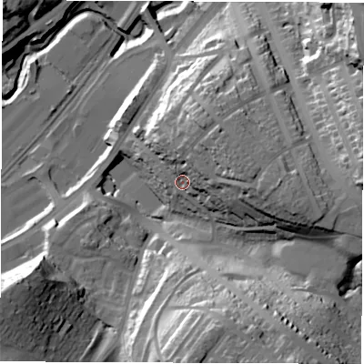 Shaded relief map of the ground around S80ND, computed from Environment Agency LiDAR. The ground here sits at about 107 m above sea level and falls 57 m across the surrounding 800 m. Surface water reaching this point runs off ground lying to the north-east, 21.0 m higher.