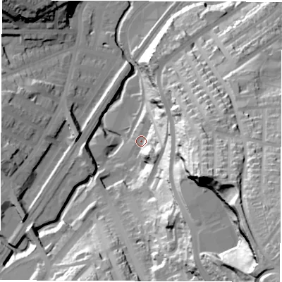 Shaded relief map of the ground around S80PA, computed from Environment Agency LiDAR. The ground here sits at about 84 m above sea level and falls 93 m across the surrounding 800 m. Surface water reaching this point runs off ground lying to the east, 55.3 m higher.