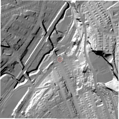 Shaded relief map of the ground around S80PH, computed from Environment Agency LiDAR. The ground here sits at about 87 m above sea level and falls 85 m across the surrounding 800 m. Surface water reaching this point runs off ground lying to the east-south-east, 76.2 m higher.